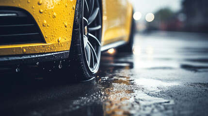 Close up rain drop on surface of cars body in rainy area - Powered by Adobe