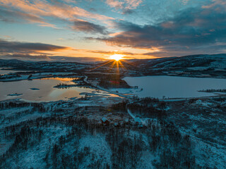 Senja Island landscape lake sunset drone view in Norway