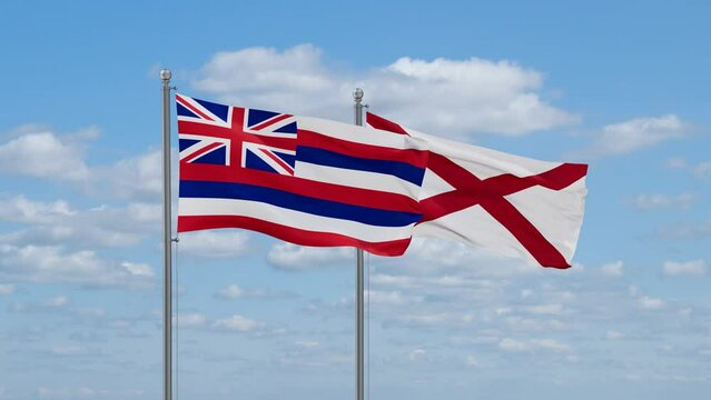 Alabama and Hawaii US state flags waving together on cloudy sky, endless seamless loop