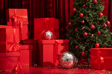 Christmas tree and gifts on a background. Red color box. - 693900842
