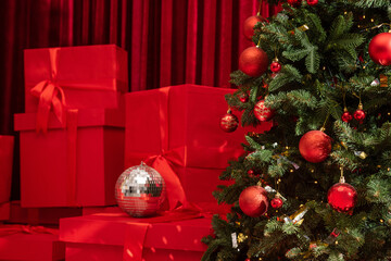 Christmas tree and gifts on a background. Red color box. - 693900870