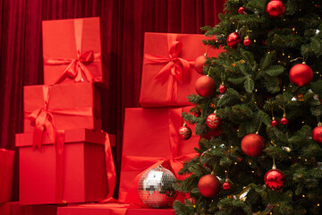 Christmas tree and gifts on a background. Red color box. - 693901022