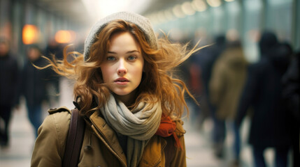 Fototapeta premium Young and beautiful girl with wool beret, foulard and backpack walks through the subway tunnels. Mobility and urban transport concept. Generative AI
