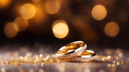 Obraz na płótnie Canvas pair of gold wedding rings with gold bokeh background left blank space.