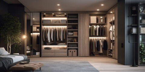 Large wardrobe room with wooden furniture in modern house.
