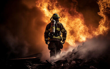 Obraz premium Fireman wearing firefighter and helmet searches for possible survivors in burning building