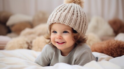 Happy little child wearing a stylish knitted hat lies on the bed
