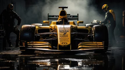 Poster Im Rahmen Front view of Formula 1 Car and The Team Mechanics. © Tirtonirmolo