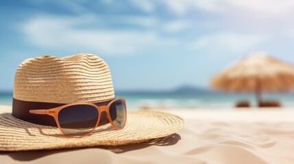 Straw hat with sunscreen and sunglasses frames photo on sandy beach
