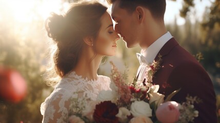 Stylish wedding couple with flower bouquets romantic moments - Powered by Adobe