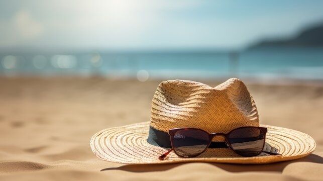 Straw hat with sunscreen and sunglasses frames photo on sandy beach