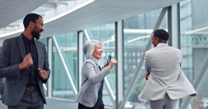 Business people, group dancing and happy together for high five, success and celebration for profit in finance agency. Men, CEO woman and teamwork with phone for fintech app, goals and stock market