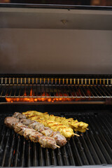 Assorted barbecue skewers meat kebabs on flaming grill