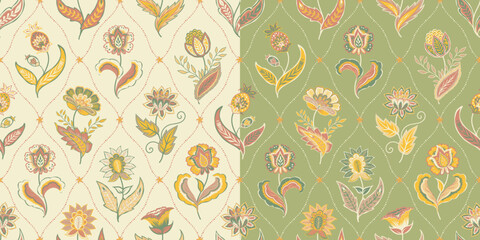 Floral vintage pattern in two color options. In the style of Jacobin embroidery.