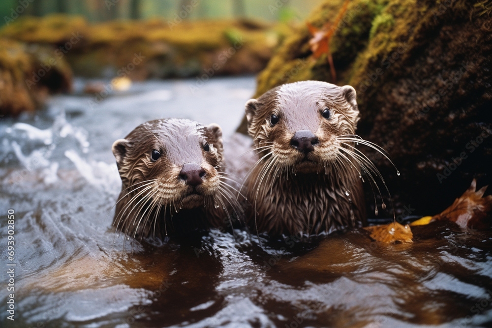 Poster a pair of playful otters frolicking in a clear stream, the water droplets and sleek fur captured in 