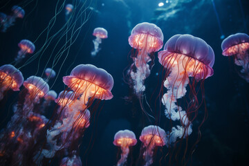 Naklejka premium A mesmerizing shot of a shimmering school of jellyfish, their translucent bodies glowing against a dark ocean background