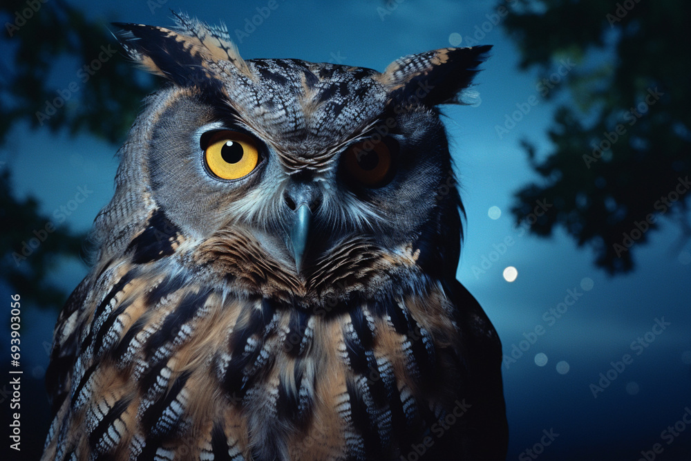 Poster the ethereal glow of a full moon reflected in the eyes of a nocturnal owl, the mysterious scene rend