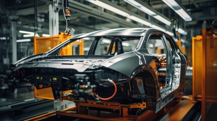 Robotic arm welding the car in a futuristic assembly automotive manufacturing plant.EV Production Line on Advanced Automated Smart Factory. High Performance Electric Car Manufacturing