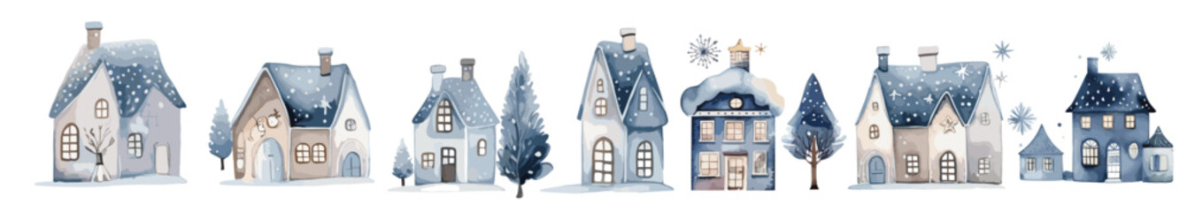 Watercolor Christmas winter houses, Blue illustration with pine trees