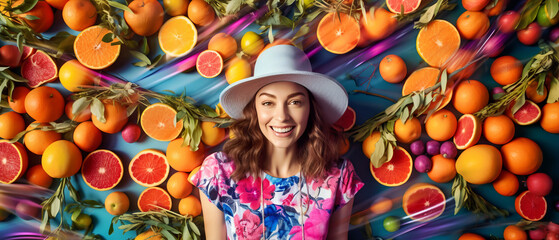 Fototapeta na wymiar A Woman Wearing a Hat Standing in Front of a Wall of Oranges
