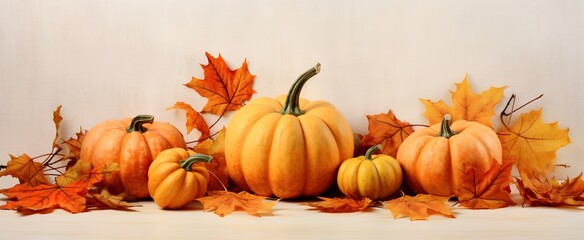 Naklejka na ściany i meble Bright orange pumpkins and autumn leaves for Halloween on a creamy beige canvas, Pumpkin with autumn leaves on a table