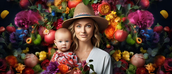 A Woman Holding a Baby in Front of a Bunch of Flowers