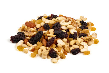 Healthy snack: mixed nuts and dried fruits, isolated on white background.
