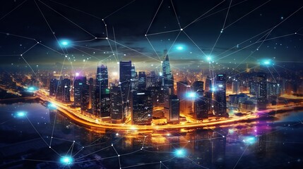 Obraz premium Network connection and technology concept: Global media link connecting on digital night city background, representing 5G communication, smart city, and business partnership