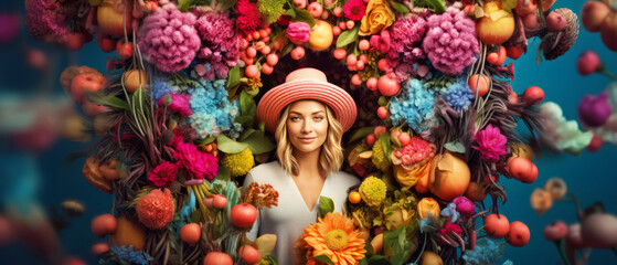 A Woman With a Stylish Hat Surrounded by Vibrant Blooms