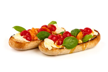 Spanish Tapas and Pinchos with cottage cheese, isolated on white background.