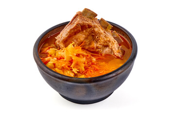 Cabbage soup with meat. Traditional dish, isolated on white background.