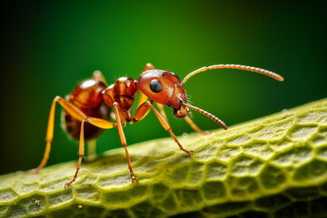 A macro shot of an ant carrying a leaf, showcasing the strength and determination of these tiny insects in their natural environment.