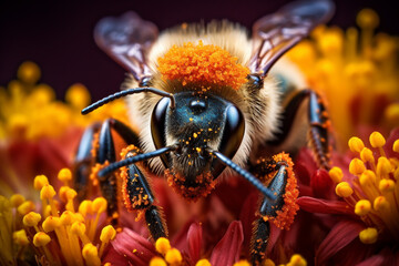 A close-up of a bee covered in pollen, showcasing the intricate details of its fuzzy body and the vibrant colors of the flower.