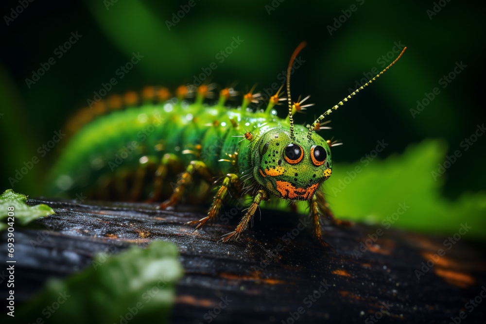 Poster macro lens capturing a caterpillar voraciously feeding on a leaf, symbolizing growth and vitality in