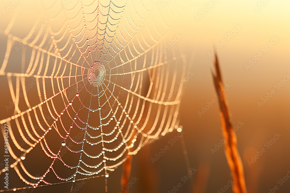 Poster Macro close-up of a spider diligently constructing its web in the early morning, glistening with dew.