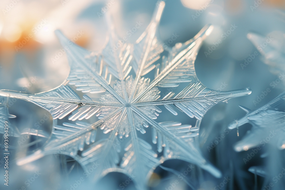 Poster macro exploration of intricate ice crystal formations, capturing the transient beauty of frost on a 
