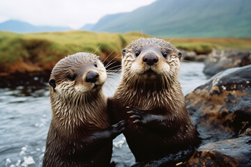 Obraz premium A charming image of two otters curiously interacting, radiating a sense of playfulness and curiosity, ideal for projects targeting a youthful audience.
