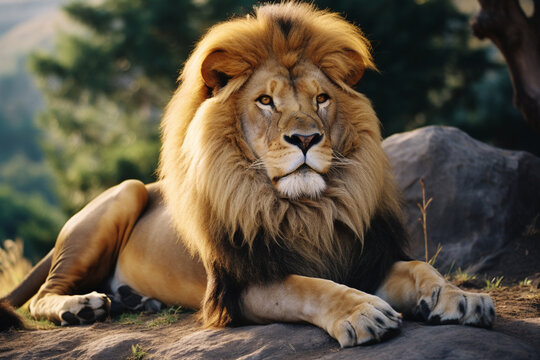 A powerful photograph of a lion in a regal pose, symbolizing strength, leadership, and authority, ideal for conveying a sense of dominance.