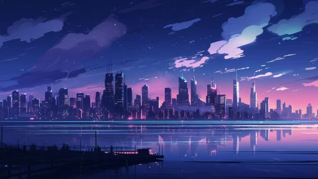 Lofi animation lo fi animation style night city skyline, ai generated - Seamless loop animation, created using AI Generative Technology
