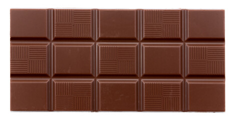Milk chocolate bar on a white background, top view. Chocolate isolate