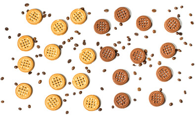 Chocolate and vanilla round cookies on a white background, round cookies on a white background