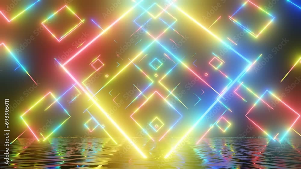 Aufkleber neon design, multicolor glow lines pattern 4k video with various neon elements and a reflecting floo