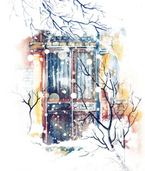 Old vintage door in winter day. Mixed media: watercolour, gouache, digital. 