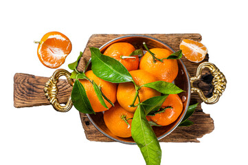 Clementines Tangerines with green leaves. Transparent background. Isolated.