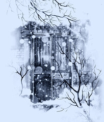 Old vintage door in winter day. Mixed media: watercolour, gouache, digital.  - 693905088