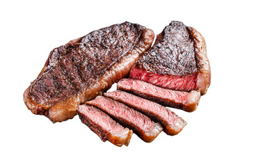 Grilled top sirloin or cup rump beef meat steak on marble board. Transparent background. Isolated.