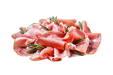 Slices of prosciutto crudo parma or jamon serrano with rosemary. Transparent background. Isolated.