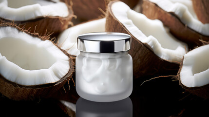 Coconut oil in a glass jar on a black background.