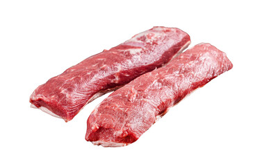 Raw lamb tenderloin fillet, Mutton fresh meat on butcher wooden board.  Transparent background. Isolated.