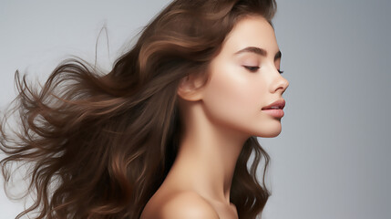 Fototapeta premium Side view of woman’s face, skin care or jewellery commercial template, mock up